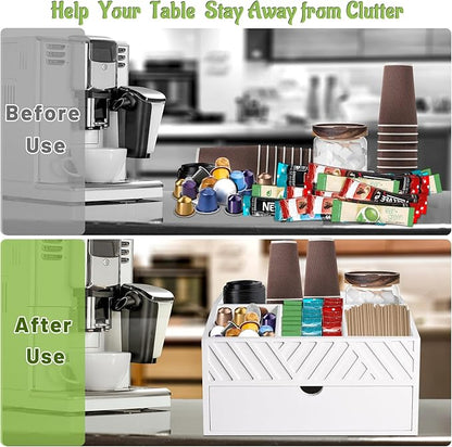 Farmhouse Wooden Coffee Bar Organizer - Countertop Station With Drawer, Pods Holder & Storage Basket