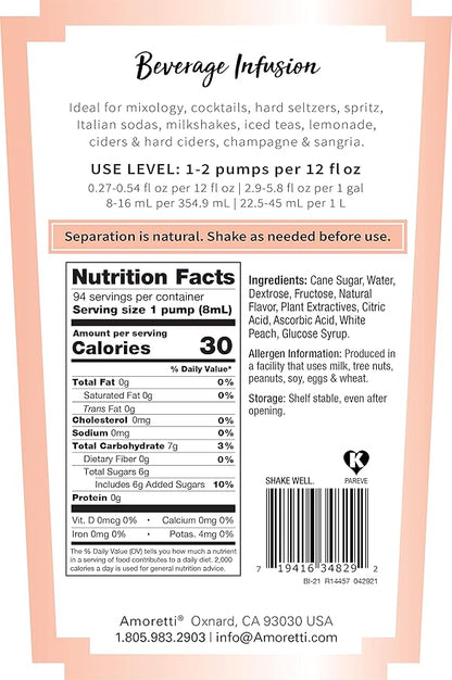 Amoretti - White Peach Beverage Infusion, 94 Servings Per Bottle (750 ml) - Drink Mix & Water Enhancer with Pump for Flavoring Cocktails, Waters, Teas, and other Beverages, Preservative Free