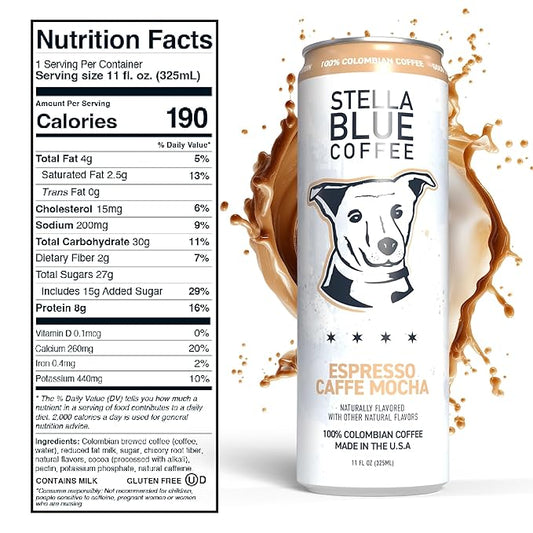 Stella Blue Espresso Caffe Mocha, 100% Colombian Coffee, 190mg Natural Caffeine, Good Source of Protein, Ready-to-Drink Coffee Energy Beverage, 11oz Can, 12 Pack