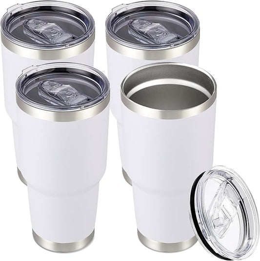 30 oz Tumbler with Lid Stainless Steel Tumblers Bulk Vacuum Insulated Cup Reusable Powder Coated Travel Mug Double Wall Leak Proof Cups Keep Cold Drinks for 12 Hours White, Set of 4