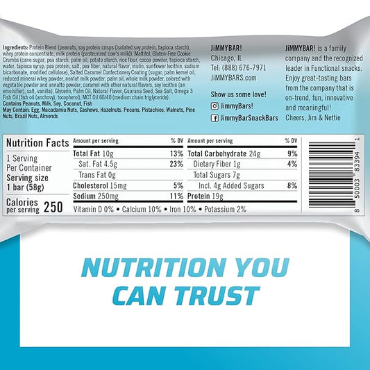 JiMMYBAR! - Sea Salt Caramel Cookies N' Cream - 19g High Protein Bars - 7g Sugar - 12 Count - 58g Health Bars - Natural Peanut Butter Core - Caffeinated Protein Bar For Energy- Hand Drizzled Chocolate