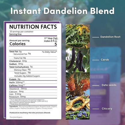 Teeccino Instant Organic Dandelion Blend – 33 servings – Gluten Free Instant Microground Herbal Coffee with Chicory & Dandelion Roots That’s Prebiotic, Caffeine-Free, and Acid-Free – 3.5 ounces