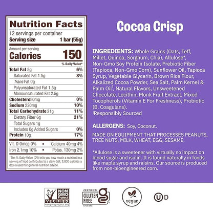 Munk Pack Probiotic Protein Bars - Cocoa Crisp | 10g Plant Protein, 1g Sugar, 6g Fiber | Diabetic-Friendly Ideal Breakfast Bars - On-the-Go Snacks, Gluten-Free, Non-GMO | 12 Count