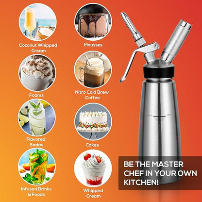 OCTANDRA 304 Stainless Steel Whipped Cream Dispenser 500mL/1 Pint Whip Cream Canister Maker Commercial Grade Whipping Siphon Cream Whipper with 3 Decorating Tips, 4 Injector Tips & Charger Holder