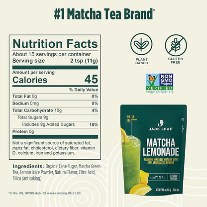 Jade Leaf Matcha Organic Premium Ceremonial Grade Matcha Green Tea Powder - Japanese - Culinary, Ingredient, Ceremonial Barista Teahouse, Latte, Collagen, 5.8 Ounce (Pack of 1), Matcha Lemonade
