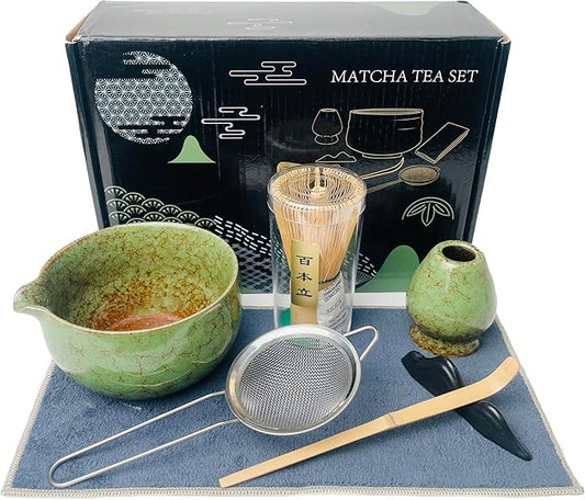 Matcha Whisk Set (7pcs) - Matcha Set with Whisk,Pouring Spout Bowl,Chasen Holder,Powder Sifter,Bamboo Scoop with Stand,Tea Cloth,Perfect Tools Kit for Tea Ceremony (Matcha Green)