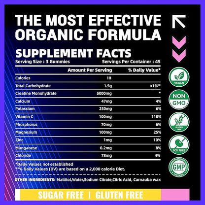 Creatine Monohydrate Gummies (5g) – Pre-Workout Energy & Muscle Growth Support for Men & Women | Grape Mango Electrolyte Gummies (135 Count)