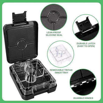 Bento Lunch Box Set With 10oz Soup Thermo, Leak-proof Lunch Containers with 4 Compartment, Kids Hot Thermo Food Jar/Insulation Lunch Bag, Food Containers for School (Black)