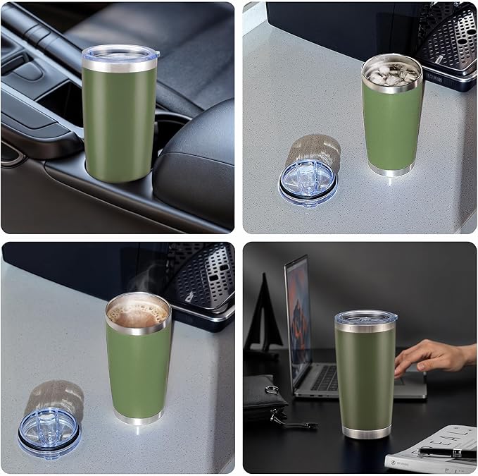 OMTech 20oz Tumblers Bulk, 12pc Stainless Steel Tumbler Set with Lid & Straw, Double Wall Vacuum Insulated Mug for Laser Engraver, Travel Coffee Mug for Hot & Cold Drinks, Army Green Powder Coated Cup