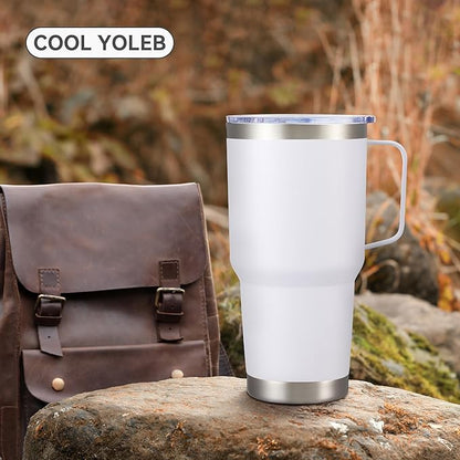30 oz Tumbler with Handle and Lid, Stainless Steel Tumblers Double Wall Vacuum Insulated Travel Mug Leak Proof Cup Keep Drinks Cold and Hot White, 1 Pack