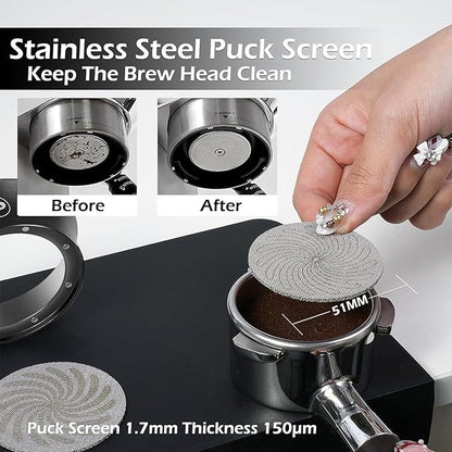 PUSEE 51mm Magnetic Dosing Funnel & Puck Screen Set 8 Magnetic Espresso Coffee Dosing Ring Reusable 1.7mm Puck Screen 316 Stainless Steel Fits All 51mm Portafilters Espresso Tools Espresso Accessories