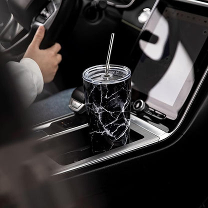 THILY Stainless Steel Vacuum Insulated Tumbler 26 oz Triple-Insulated Travel Mug with Splash-Proof Lid, for Iced Coffee and Hot Beverage, White Marble + Black Marble