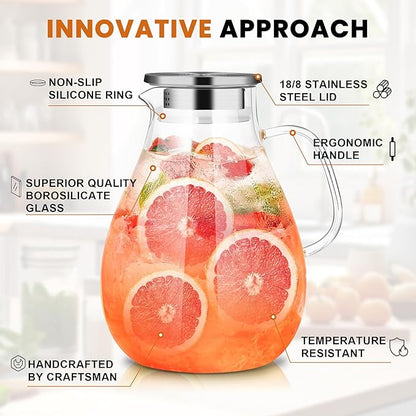 SUSTEAS 3 Litre 101oz Glass Pitcher Jar with Lid and Nozzle, 3.17Quart Cold/Hot Water Glass Water Bottle, Ice Tea for Refrigerator, Large Water Jar for Juice, Milk, Coffee or Homemade Drinks