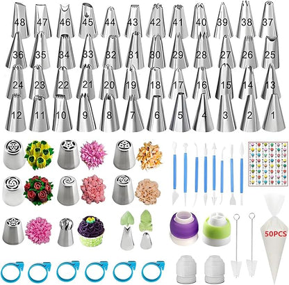130 Pcs Piping Bags and Tips Set with 48 Numbered Icing Tips,7 Russian Tips,1 Ball Tip,2 Leaf Tips,Pattern Chart,8 Carved Pens,4 Couplers,6 Ties,50 Disposable Pastry Bags for Cake Decorating