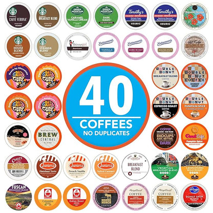Coffee Pods Variety Pack Sampler from Top Brands, Assorted Single Serve for Keurig K Cups Coffee Makers, 40 Unique Cups