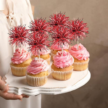 40 PCS Foil Firework Cupcake Toppers Sparkle Tinsel Cupcakae Picks Sparkler Fireworks Party Decorations Cocktail Fruit Toothpick for Birthday Wedding Graduation Party Decorations Supplies Red