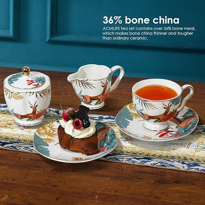 ACMLIFE Tea Cups and Saucers for 1, Bone China Teacup Set for Adults with Gold Trim and Gift Box, Deer Chinese English British Wedding Tea Set for One Coffee Cup Set 6.8 oz (Red-Deer)