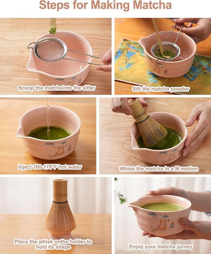 Matcha Whisk Set, Ceramic Matcha Set Includes Matcha Bowl, Matcha Whisk and Holder, Bamboo Scoop, Scoop Rest, Sifter and Tea Towel - 7 Pcs Matcha Kit(Pink)