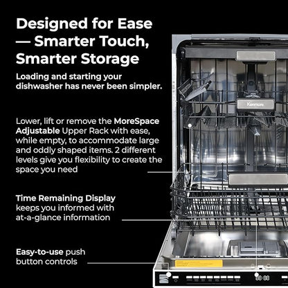 Kenmore 22-14629 24" Built-in Dishwasher-Quiet Tub with TurboDry, Leak, & SmartWash Soil Detection-15 Place Settings-49 DBA-Energy Star Certified, 24.61"D x 23.55"W x 33.88"H, Black