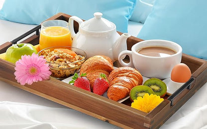 Ottoman Tray, Acacia Wood Serving Tray with Metal Handles, 16.5x12.5in Food Drinks Tray for Coffee Table, Breakfast, Dinner & Bar, Rustic Decorative Storage Tray for Ottoman, Kitchen, Packaging