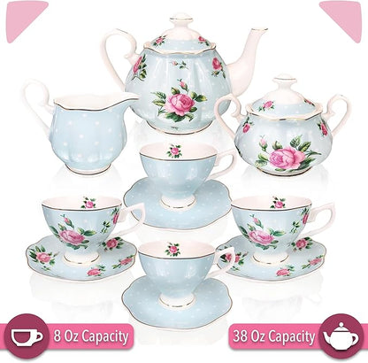 BTaT- Floral Tea Sets for Adults, 13 pcs, Service for 4, Pot (38 oz) & Cups (8 oz) with Saucers, Pastel Blue Floral Design, Porcelain Tea Set for Adult, Dishwasher Safe