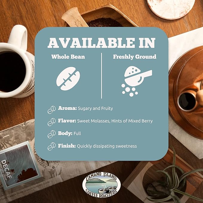 Camano Island Coffee Roasters Decaf Espresso Blend, Whole Bean 1lb, Fresh Dark Roast Swiss Water Processed, USDA Organic, Fairly Traded, Shade Grown Top 1% Arabica, Sweet Molasses, Mixed Berry Flavor