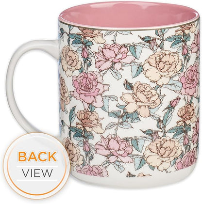 Christian Art Gifts Pink Floral Ceramic Coffee Mug – 14 oz. Lead and Cadmium-free Non-toxic Inspirational Scripture Coffee and Tea Mug for Women with Bible Verse: My Strength and My Song –Psalm 118:14