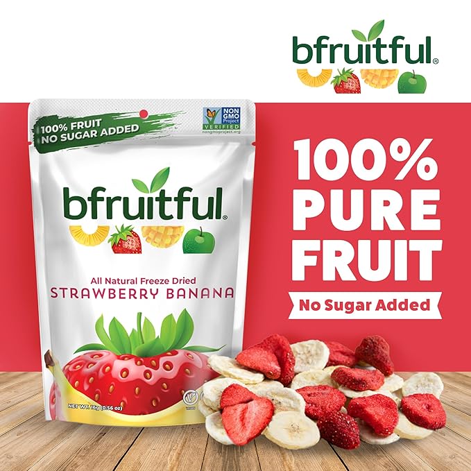bfruitful Freeze-Dried Strawberry Banana, Freeze Dried Fresh Fruit Bites, Gluten Free, Vegan, Dairy Free, Kosher, No Sugar Added, Non GMO, Healthy Snacks for Kids or Adults, 0.56 oz Single-Serve Snack Packets, 24 Pack