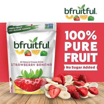 bfruitful Freeze-Dried Strawberry Banana, Freeze Dried Fresh Fruit Bites, Gluten Free, Vegan, Dairy Free, Kosher, No Sugar Added, Non GMO, Healthy Snacks for Kids or Adults, 0.56 oz Single-Serve Snack Packets, 24 Pack
