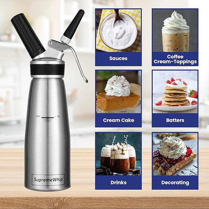 PRO Cream Dispenser, Durable High-Grip, Metal Lid with Rubber, 3 Nozzles, for Hot/Cold Use, Cleaning Brush Included, Silver - 500 ml / 1 Pint