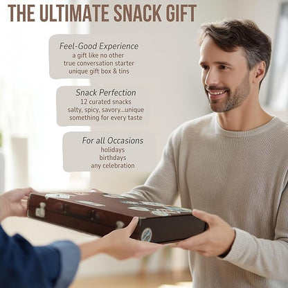 Snack Box Gift Basket, Birthday Gift for Men, Women, Food Care Package, Unique Tins of Assorted Nuts, Snacks in Stunning Case - Treat for Men, Women, Dad, Friends, Family