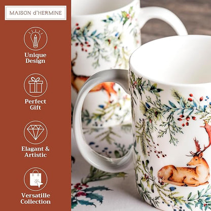 Maison d' Hermine Coffee Mug with Handles Fine Bone China Mugs Pack of Two Tea Cups for Hot Beverages Cappuccino Latte Home Restaurant Office Perfect for Gift (Holly Time, 15 Ounce)