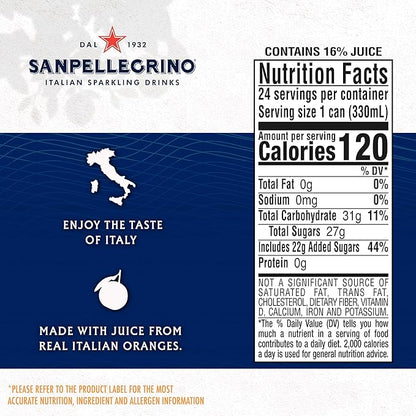 Sanpellegrino Italian Sparkling Drink Aranciata, Sparkling Orange Beverage, 24 Pack Of Cans