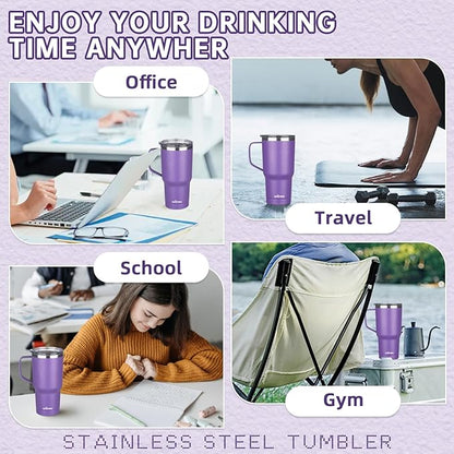 20 oz Insulated Coffee Mug with Ceramic Coating, Stainless Steel Travel Mug Tumbler with Handle Lid and Straw, Double Wall Leak-Proof Coffee Travel Mug Keeps Drink Hot and Cold (Purple)