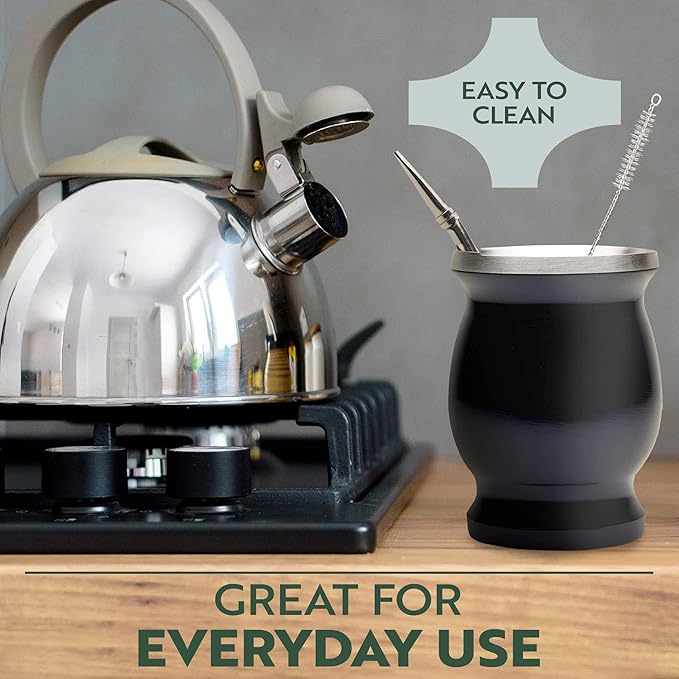 Norte Yerba Mate Cup Kit, 8-Ounces Traditional Mate Tea Cup/Gourd Set | Includes 2 Bombillas (Yerba Mate Straw) & Cleaning Brush, Stainless Steel Cup, Double-Walled, Easy to Clean | Black