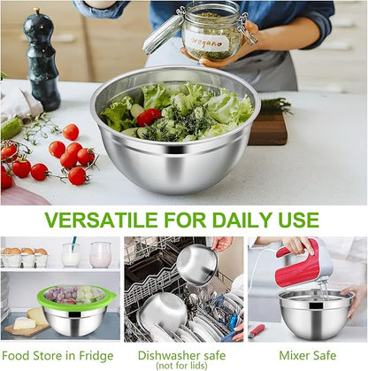 TeamFar Mixing Bowls, 4.5/3/1.5 QT Stainless Steel Nesting Salad Bowls with Airtight Lids, For Serving/Mixing/Storing/Prepping, Non-Toxic & Sturdy, Visible & Easy Clean, Multi-Color, Set of 3