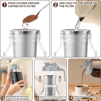Cold Brew Coffee Maker Jar - 2 Pack 64 oz/32 oz Glass Cold Brew Maker with Handle, Stainless Steel Filter & Leak-Proof Lid, Heavy Duty Cold Brew Pitcher for Iced Coffee, Sun Tea, and Milk