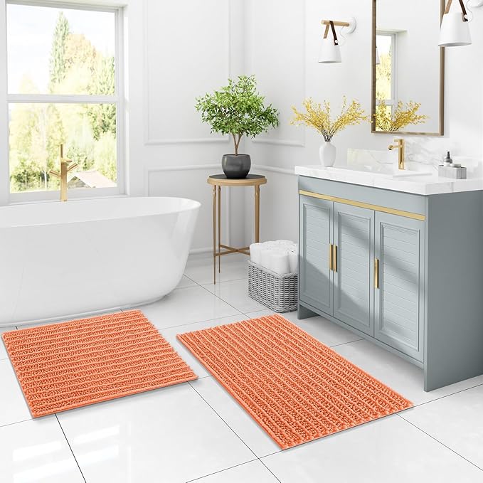 Arotive Luxury Chenille Bathroom Rug Mat, Extra Soft Thick Absorbent Shaggy Bath Rugs, Non-Slip Machine Wash Dry, Plush Bath Mats for Bathroom, Shower and Tub, 54x24, Coral