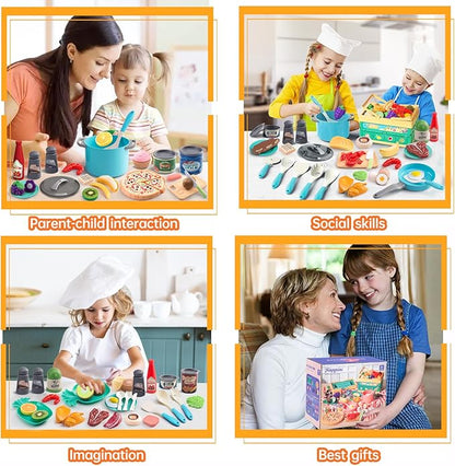 80Pcs Kitchen Playset, Toddler Pretend Cooking with Pots, Pans, Cookware, Food, Picnic Blanket, Fruits, Veges, Shopping Storage Basket, Dessert , Learning Gift for Girls Boys (Turquoise)