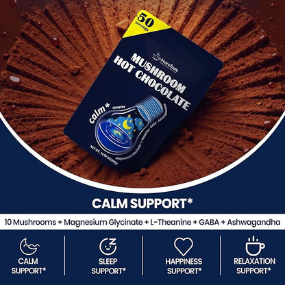 Mushroom Hot Chocolate for Calm, 50 Servings Cocoa Powder | 10 Mushrooms Supplements with Magnesium Glycinate, L-Theanine, Ashwagandha & GABA | Support Focus, Mood & Sleep | Vegan & Keto, Gluten-Free