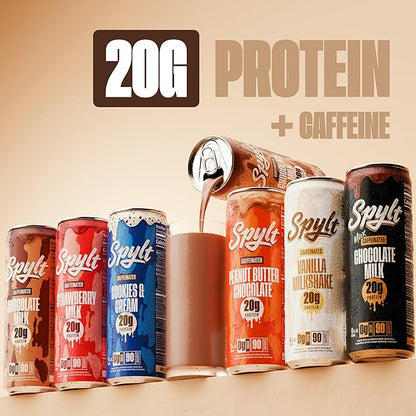 Spylt High Protein Milk - 6 Flavor Variety Pack with 60mg Caffeine & 20g Protein - 90 Calories, Ready to Drink, Sugar Free, Lactose Free Milk, Perfect for Workout Recovery & Afternoon Pick Me Up - 12 Count
