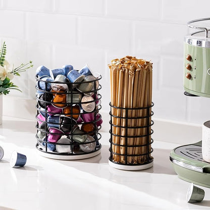 HBlife Coffee Pod Holder & Coffee Stirrers Holder Set, Metal Coffee Bar Accessories Large Capacity Kitchen Counter Decor for Keurig K cup & Nespresso Vertuo (Black Wire)