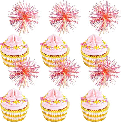 30 PCS Foil Firework Cupcake Toppers Happy Birthday Cupcake Toppers Sparkle Tinsel Flower Drink Stirrers Cocktail Fruit Toothpicks for Valentine's Day Baby Shower Party Cake Decor Supplies Orange