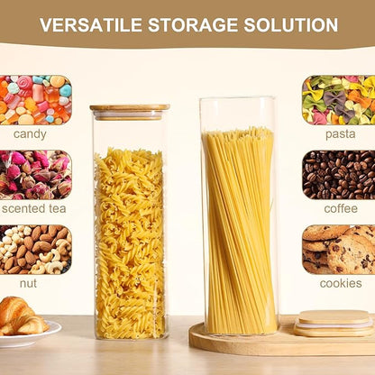 Glass Food Storage Jars with Lids(76oz)Square Set of 3 ,Glass Storage Containers Clear Glass Food Canister with Bamboo Lid Airtight For Serving Tea, Coffee Beans, Flour,Cookie, Cereal,Spice and More