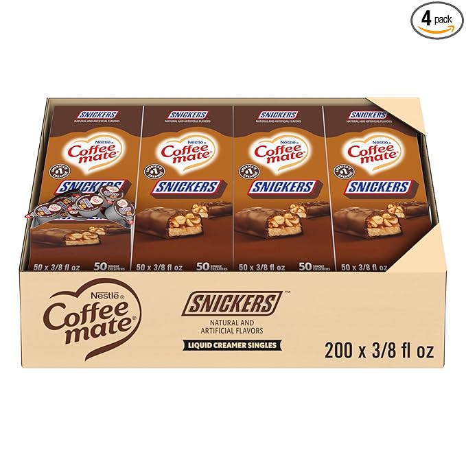 Nestle Coffee mate Coffee Creamer, Snickers, Liquid Creamer Singles, Non Dairy, No Refrigeration, 0.375 fl oz Tubs (Pack of 200)