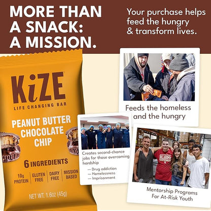 KiZE Energy Bars - Peanut Butter Chocolate Chip - 20-Count - Gluten Free, Dairy Free, Non-GMO, and High Protein Meal Replacement Energy Bars, Clean and Simple Food Ingredients - 10g High Protein Snacks (20 Count)