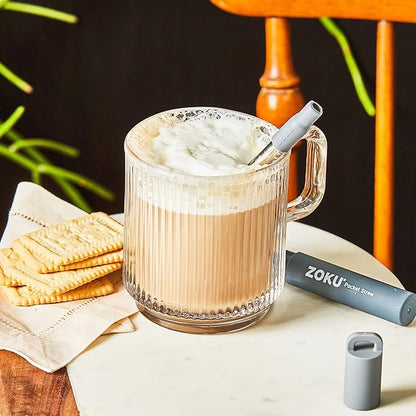 ZOKU Reusable Metal Straw with Case for Travel, Grey - Collapsible Stainless Steel Drinking Straw with Silicone Tip and Cleaner Brush, Ideal for Key Chains, Pockets, Purses