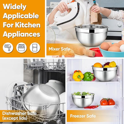 TeamFar Mixing Bowl Set of 5, 4.5/3/1.5/1/0.7 QT, Stainless Steel Metal Nesting Salad Bowl with Lid Set, Ideal for Mixing Serving, Non-Toxic & Sturdy, Airtight Lid & Easy Clean, Black