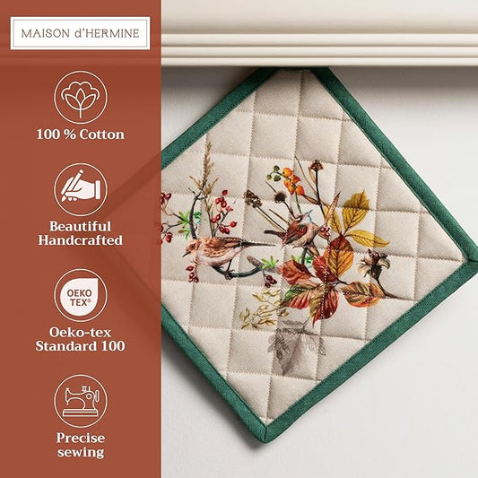 Maison d' Hermine Pot Holders Set 100% Cotton Heat Resistant Potholders 8" x 8" Hot Pads with Loop BBQ, Cooking, Baking, Grilling, Kitchen, Handling Hot Pans (Pack of 2, Recolte)