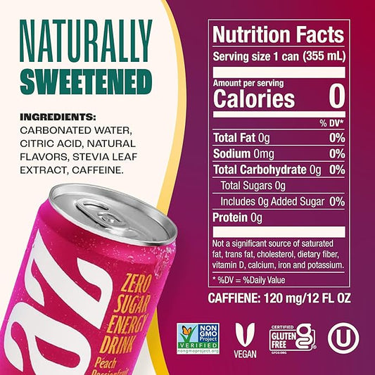 Zevia Zero Sugar Energy Drink, Peach Passionfruit, 12 oz Cans (12-Pack) – Naturally Sweetened, Non-GMO Project Verified, Gluten-Free, Vegan